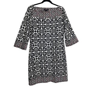 White‎ House Black Market Women Dress L Geometric Print 3/4 Sleeve Midi Pullover